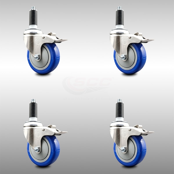 Service Caster 4 Inch 316SS Blue Poly Swivel 1-1/8 Inch Expanding Stem Caster Set Lock Brake SCC-SS316TTLEX20S414-PPUB-BLUE-118-4 - main